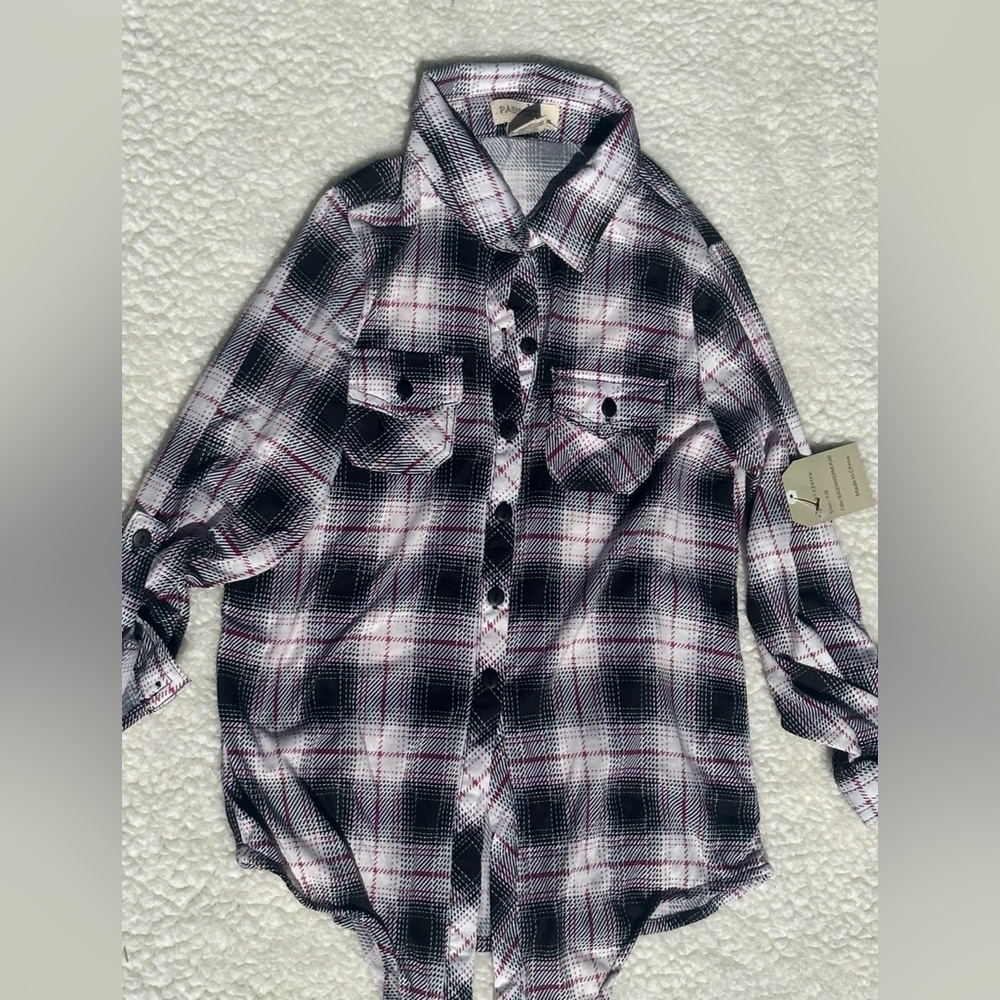 Plaid Button-Up Shirt in Black, White & Burgundy